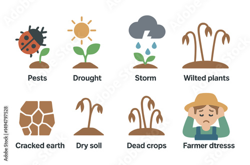 Agriculture and farming flat icons set – drought, pests, crop management tools