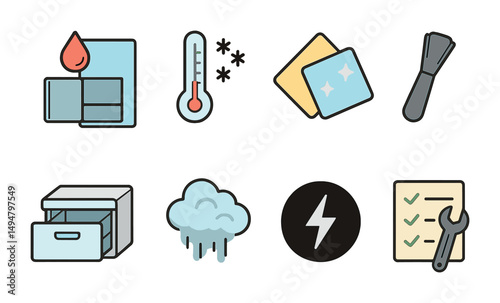 Weather and maintenance icons set – flat, filled, temperature and tool symbols