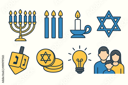 Hanukkah and jewish flat icons set – holiday, menorah, festival symbols