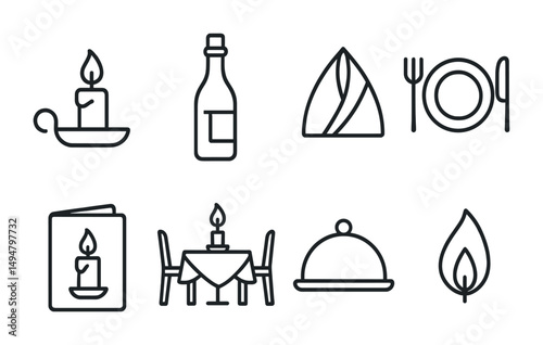 Elegant dining outline icons set – flat, line, culinary and tableware symbols