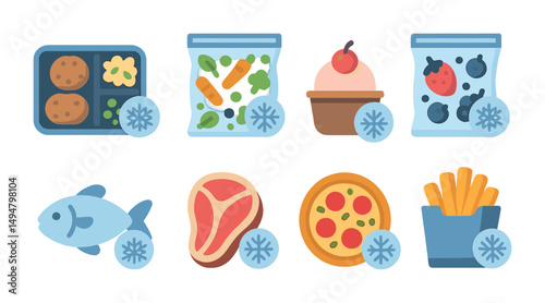 Frozen food flat icons set – packed, chilled, freezer meal symbols