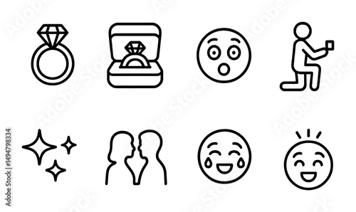 Romantic love outline icons set – linear, proposal, engagement symbols