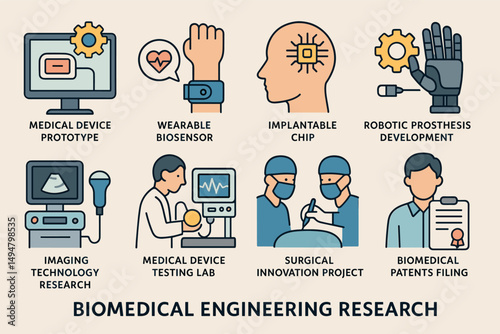 Biomedical engineering flat icons set – linear, medical technology, innovation symbols