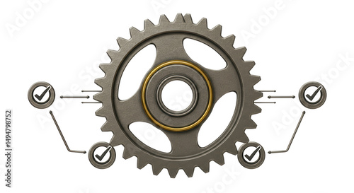 Isolated Industrial Gear with Multiple Checkmark Process Quality Indicators