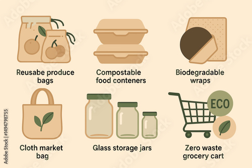 Sustainable living silhouette icons set – eco-friendly, zero waste symbols