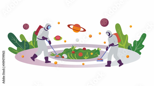 Two people in hazmat suits cleaning a large plate of food surrounded by planets and foliage