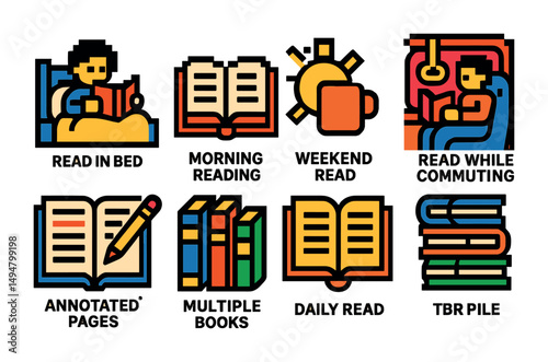Reading and literature icons set – pixel art, outline, book and library symbols