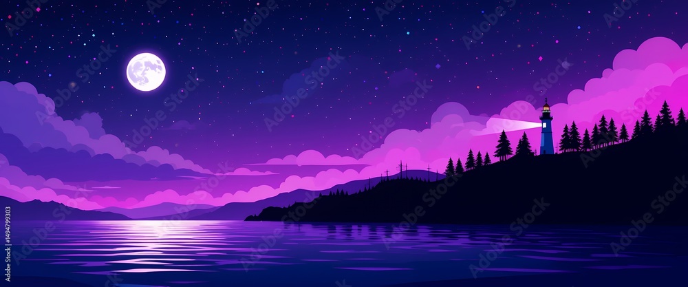 Naklejka premium Serene nighttime coastal landscape with bright full moon and lighthouse illuminating the dark forested shore