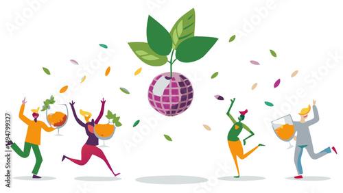 People celebrating with drinks under a disco ball with leaves and confetti falling around them in a festive scene