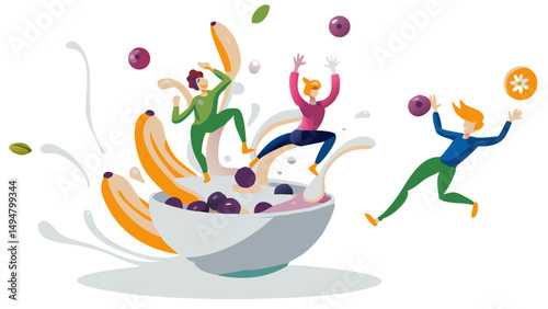 People are jumping into a bowl of cereal with bananas and blueberries in a playful illustration