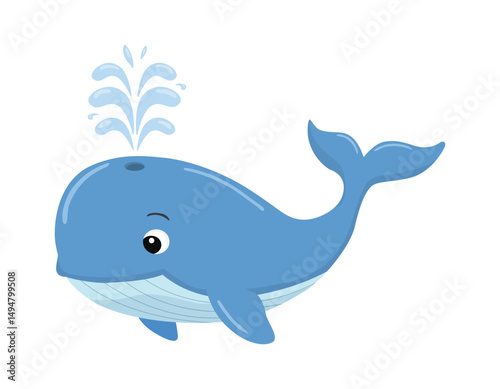Cute blue whale spouting water swim in the ocean