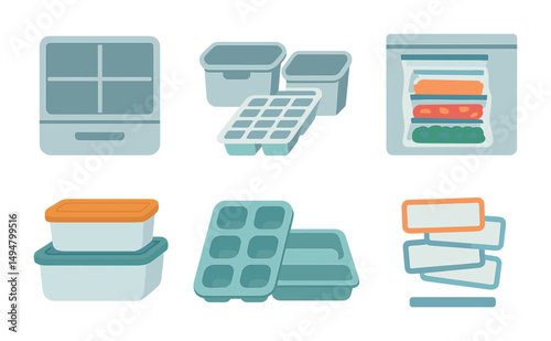 Kitchen storage flat icons set – organizational, food containers, pantry symbols