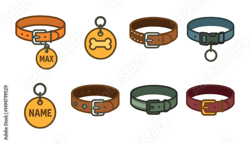 Pet collar silhouette icons set – tags, leash, and animal accessories graphics