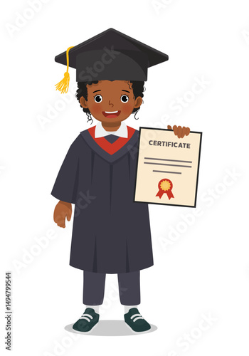 Little African girl student wearing graduation gown showing certificate diploma