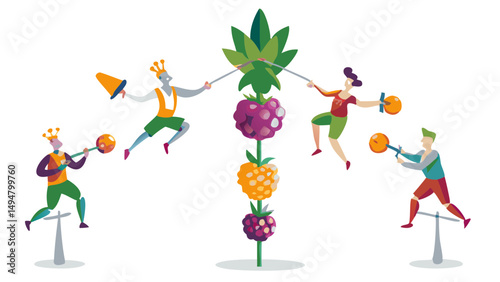 People balancing on poles and holding objects around a stack of berries and pineapple top art