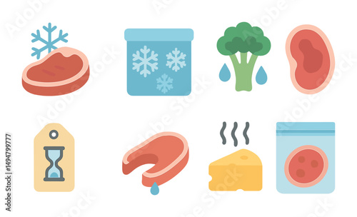 Frozen food flat icons set – chilled, preserved, kitchen symbols