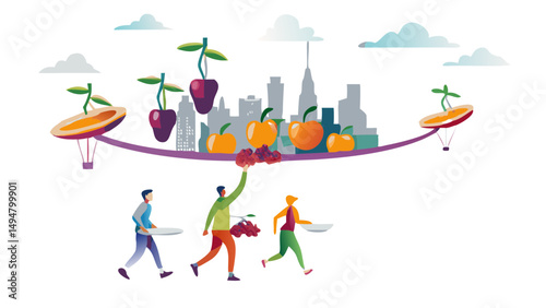 People carrying plates under a fruit skyline with cherries oranges and melon airships over a city view