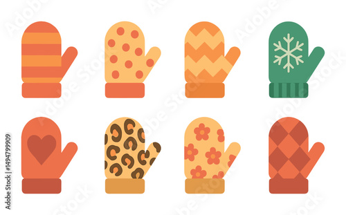 Winter mittens flat icons set – cozy, glove, seasonal cold weather symbols