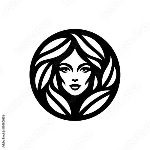 Woman Face with Leaf Hair in Circular Vector Design