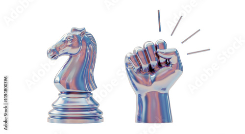 Isolated Metallic Chess Knight and Clenched Fist Symbolizing Strategy