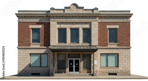 Isolated Classic Two Story Brick and Stone Commercial Building Facade Front View