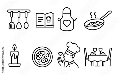 Cooking and kitchen outline icons set – flat, culinary, chef and dining symbols