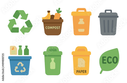 Recycling and waste management icons set – flat, eco-friendly, sustainability symbols