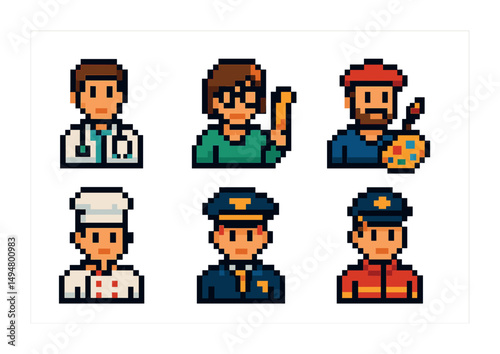 Pixel art illustrations of various professions for digital designs