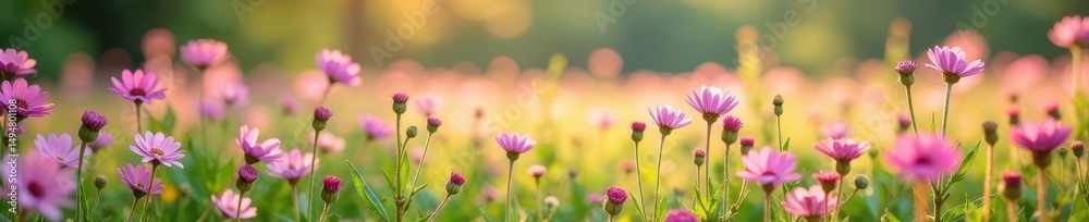 Fototapeta premium Pastel pink and purple wildflowers carpet a tranquil landscape bathed in clear sunlight , summer, bright