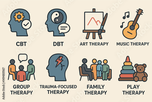 Psychotherapy and counseling icon set – flat, linear, mental health and therapy symbols
