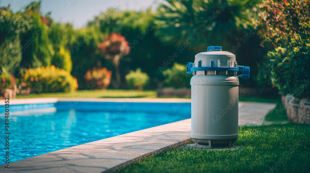 Naklejka premium Pool filter system standing on the grass near a swimming pool with lush green trees in the background