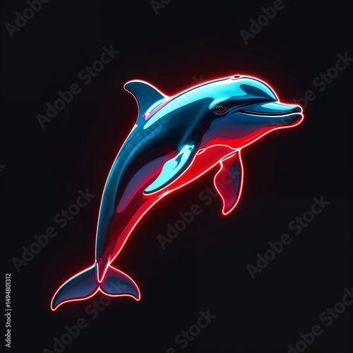 Dolphin animal red glowing neon highlight drawing on plain black background