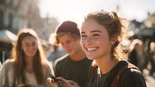 Young woman with high ponytail smiling while holding phone in warm sunlight, capturing happy moments on social media, standing casually on street with joyful friends in background.
