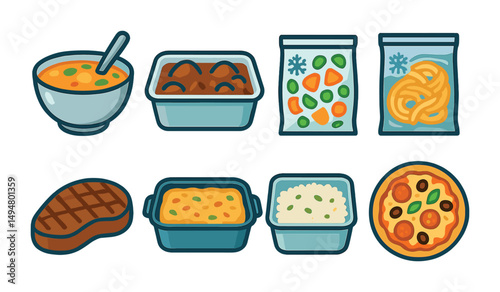 Food and meal outline icons set – flat, linear, culinary symbols for cooking