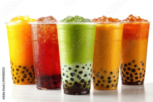 Collection of bubble tea cups with various flavors, isolated against a white background for clarity.