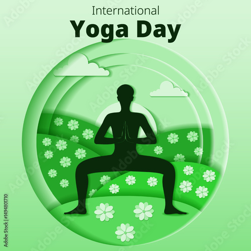 International Yoga Day. Square template. Utkata Konasana pose. Goddess pose. Paper cut design. Isolated vector illustration