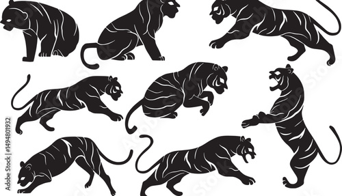 Dynamic Tiger Silhouette Artwork: Minimalist Vector Graphics of Agile Panthera Tigris in Movement - Monochrome Stock Illustration for Wildlife and Safari Themes