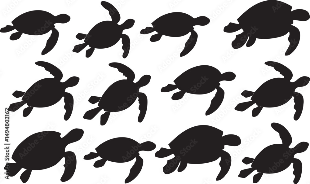 Naklejka premium Stylized Turtle Silhouettes: Marine Life Ecosystem Themes Vector Illustration for Conservation Art and Underwater Creature Designs