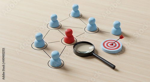 Red Leader: Networked Figures, Magnifying Glass, Target; Minimalist Concept