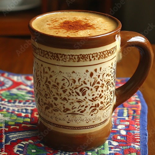 Creamy spiced coffee drink in a decorated mug