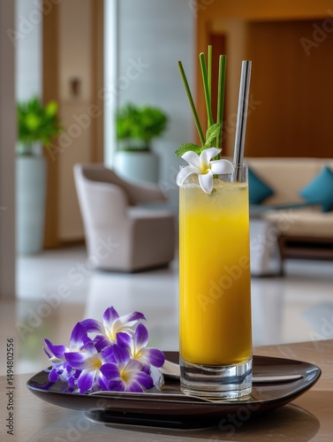 Hotel welcome drink presentation, tropical beverage, stylish glass, tray with fresh flowers.