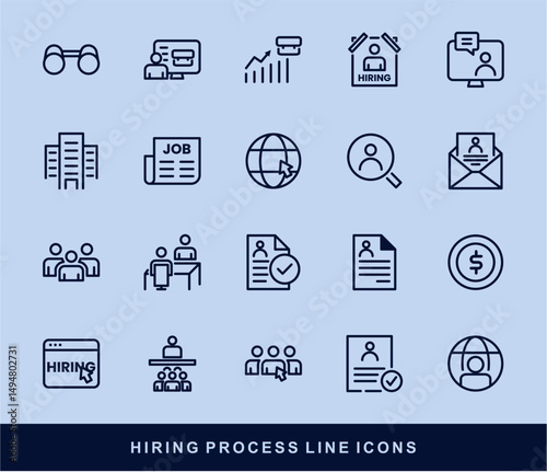 Hiring Process Line Icons. Recruitment, Job Application, Interview, Candidate Selection Vector Set