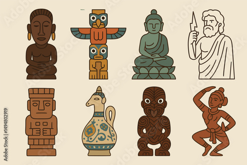 Cultural heritage icons set – flat, outline, ancient and traditional symbols