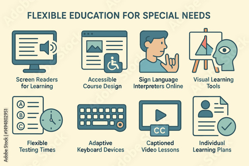 Flexible education icons set – flat, accessible tools for special needs learning
