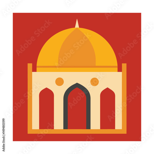 Vibrant flat vector illustration of a mosque with a golden dome on a red background