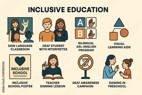 Inclusive education icons set – flat, outline, teaching and learning symbols