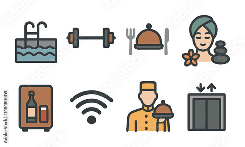 Hotel amenities flat icons set – filled, linear, hospitality and travel symbols