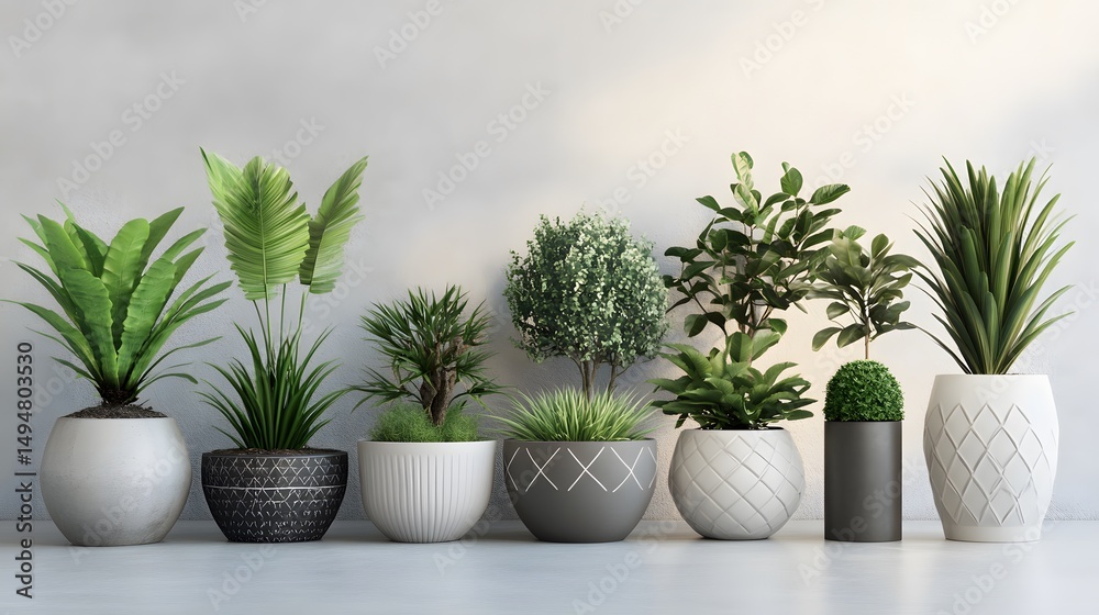 Obraz premium Arrangement of various potted plants on a light background.
