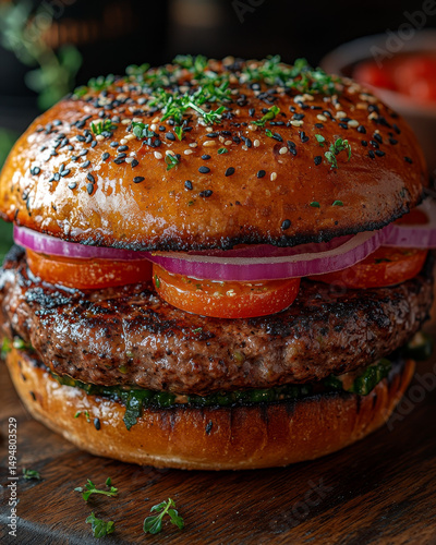 Gourmet Beef Burger with Sesame Bun, Tomato, Onion, and Fresh Herbs on Wooden Board