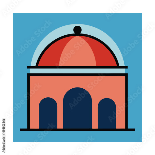 Colorful minimalist illustration of a building with dome roof and arched windows on blue background
